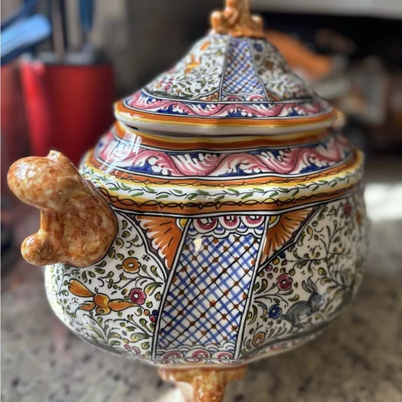 Ornate Hand painted Multicolor Ceramic Large Tureen - Picture 2 of 8